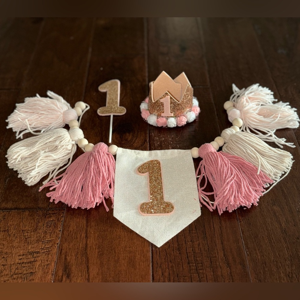 Pink, White & Gold Girls 1st Birthday Decoration Set